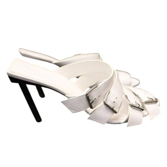 Balenciaga White Buckle Leather Open Toe Mules Stiletto Heel Silver 10 US 40 IT - Picture 11 of 11